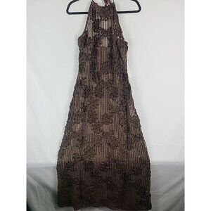 Amy Lynn Cici Halter-Neck Bronze Brown Floral Crochet Maxi Dress Sz UK 10, US 6